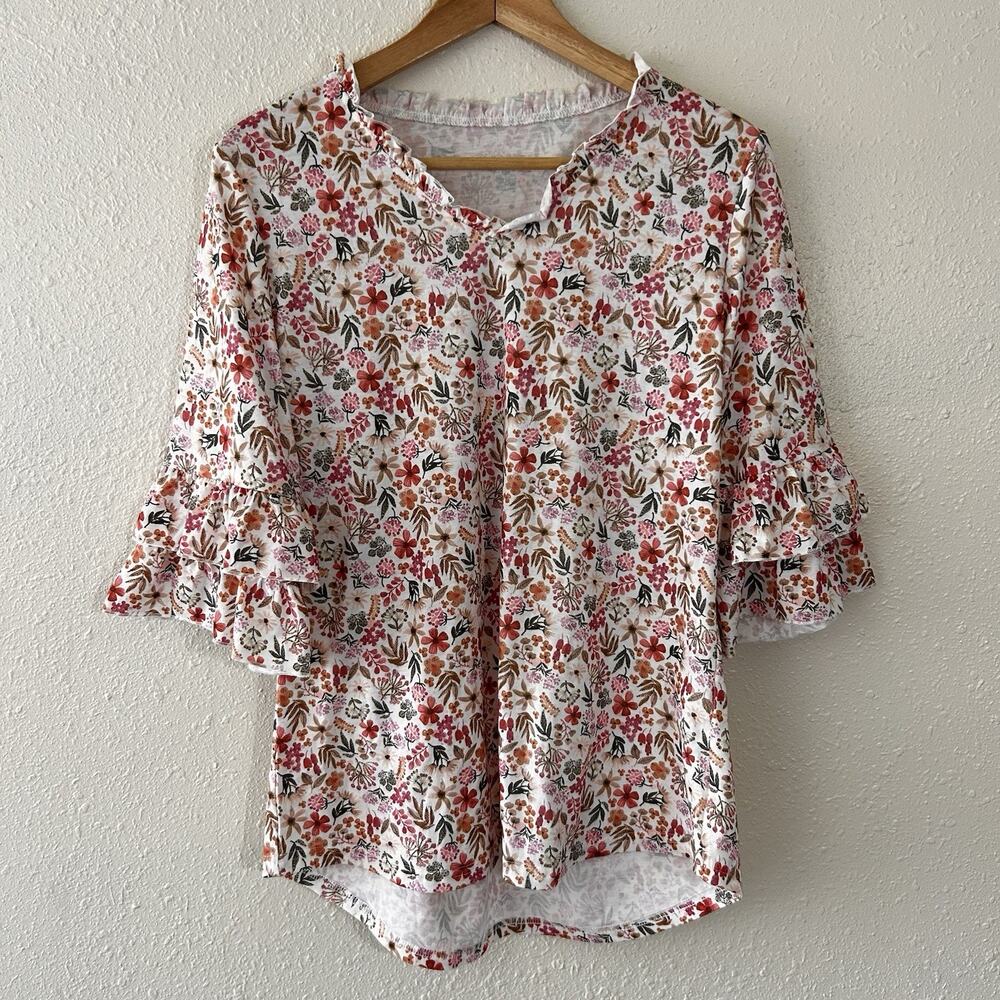 TFSDOD Floral Spring Ruffle Sleeve V-Neck Tunic Top Woven 3/4 Sleeve Women’s M